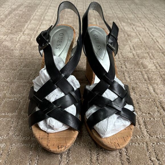 Guess Leather Wedge Platform Sandals Women's 10M Black Strappy Slingback Y2K - Picture 3 of 9